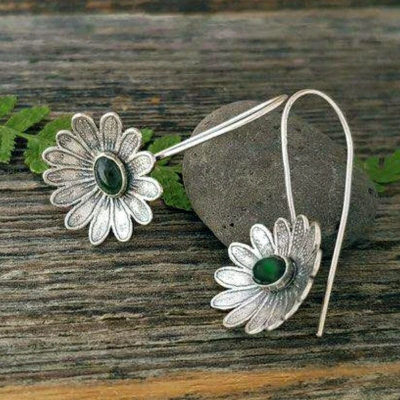 Vintage Green Flower Earrings for Women Silver Jewelry Gift