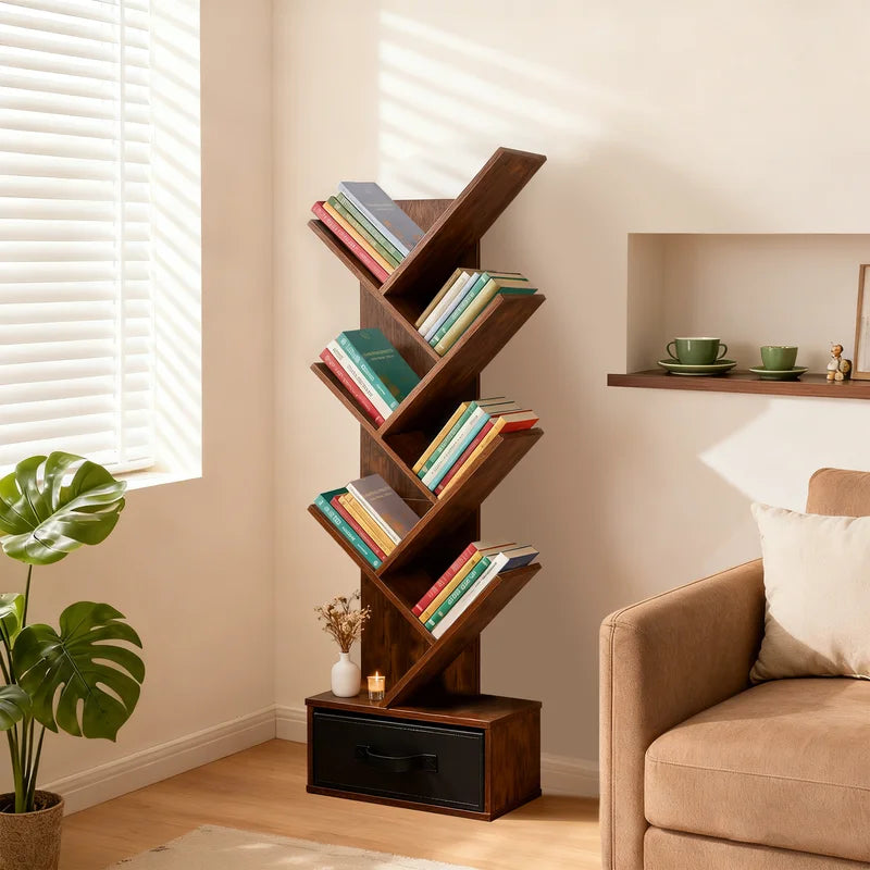 Geometric Wooden Book Rack - 7-Tier Tree Bookshelf with Drawer for Small Spaces