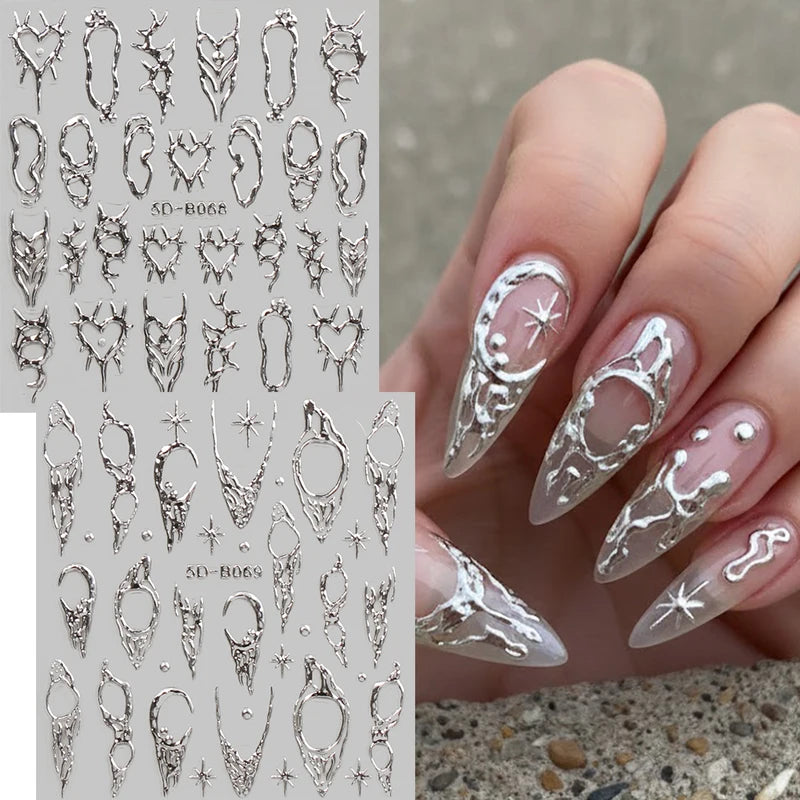 Vintage Thorns Y2K Nail Art Stickers - 5D Embossed Gold Silver Moon Star Decals
