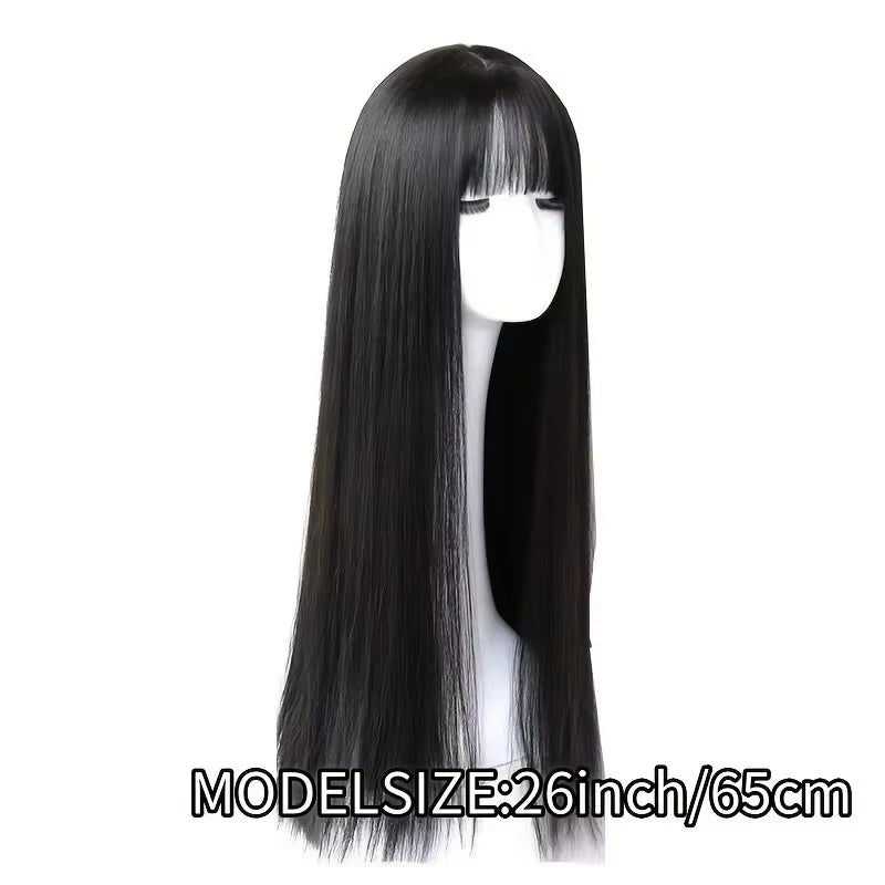 Black Long Straight Synthetic Wig for Halloween Cosplay & Daily Wear - High-Temperature Hair Accessory