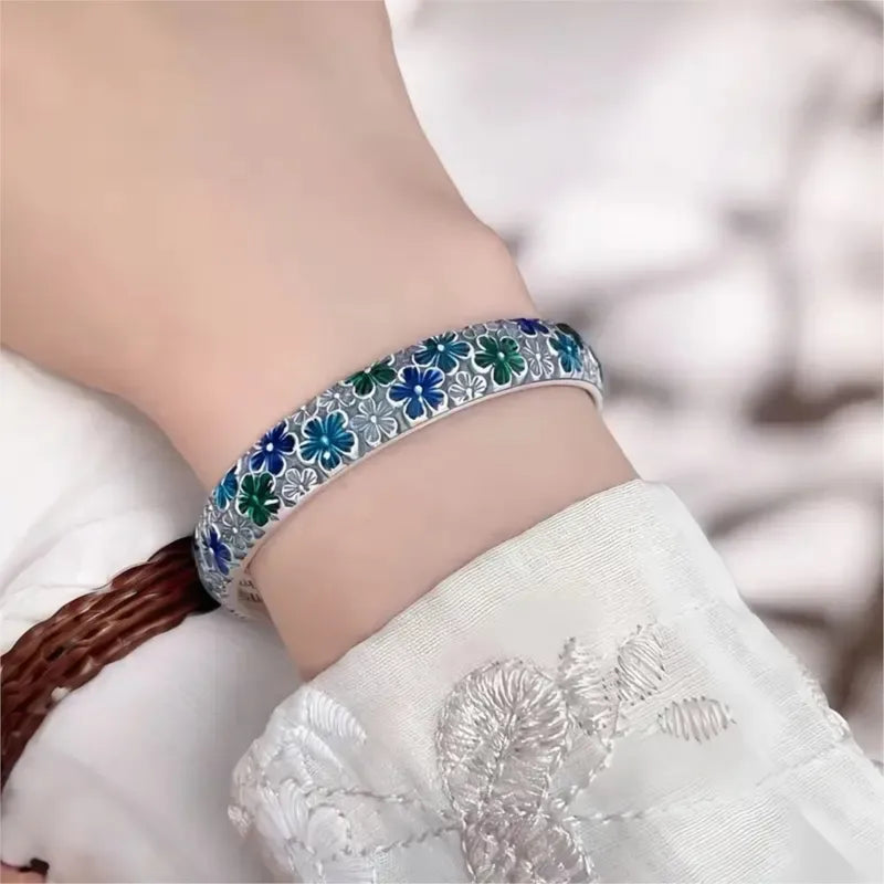 Vintage Flower Enamel Heart Sutra Cuff Bangle for Women Jewelry Gift