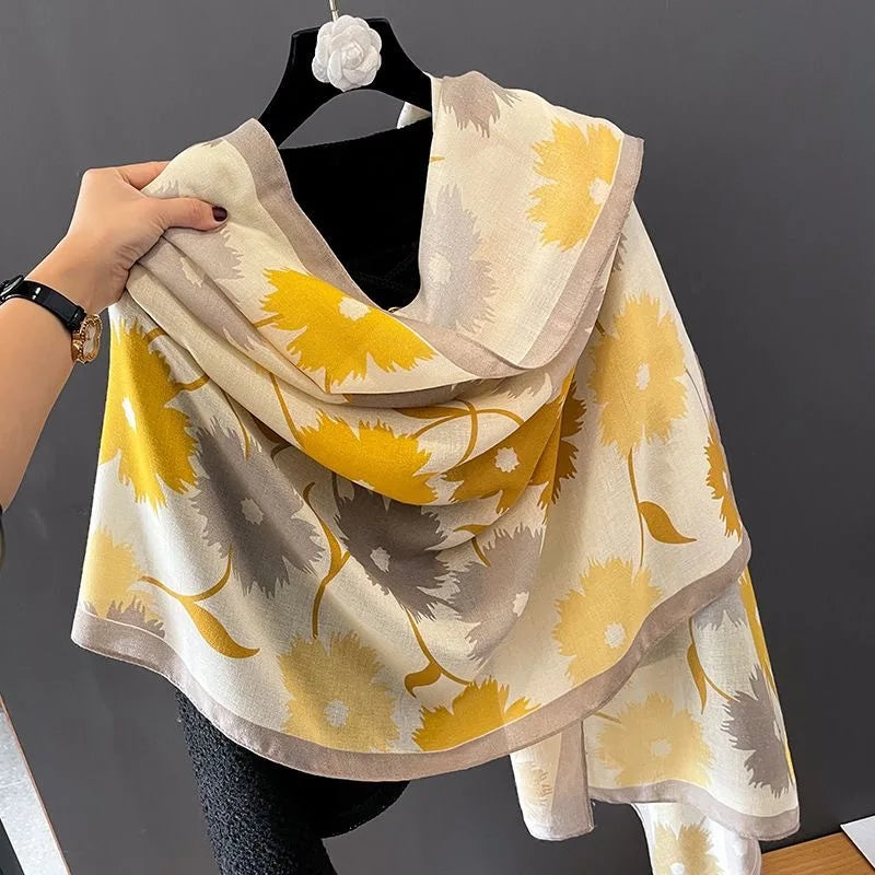 Women’s Versatile Cotton Linen Long Shawl with Silk Scarf