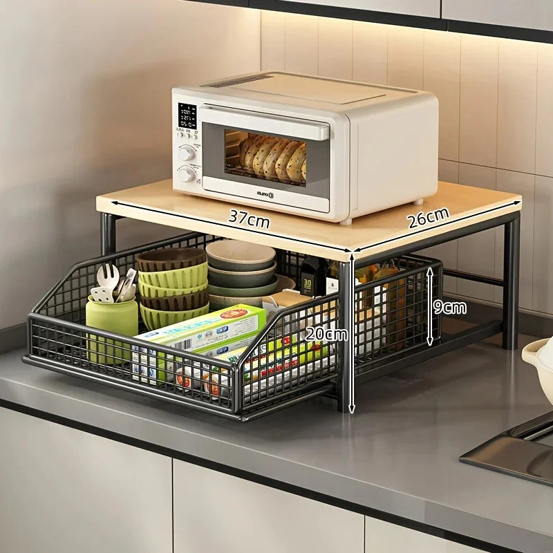 Modern Kitchen Microwave Rack Storage Organizer Solid Wood Metal Countertop Shelf