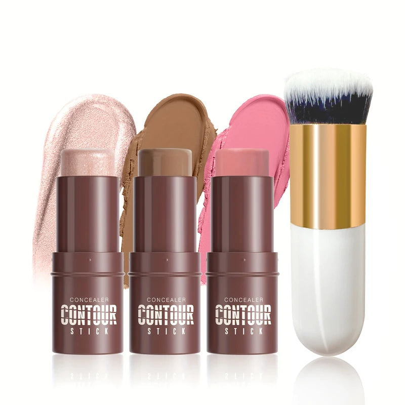 4-Piece Cream Contour and Blush Stick Kit with Contour Brush - Non-Greasy Face Makeup