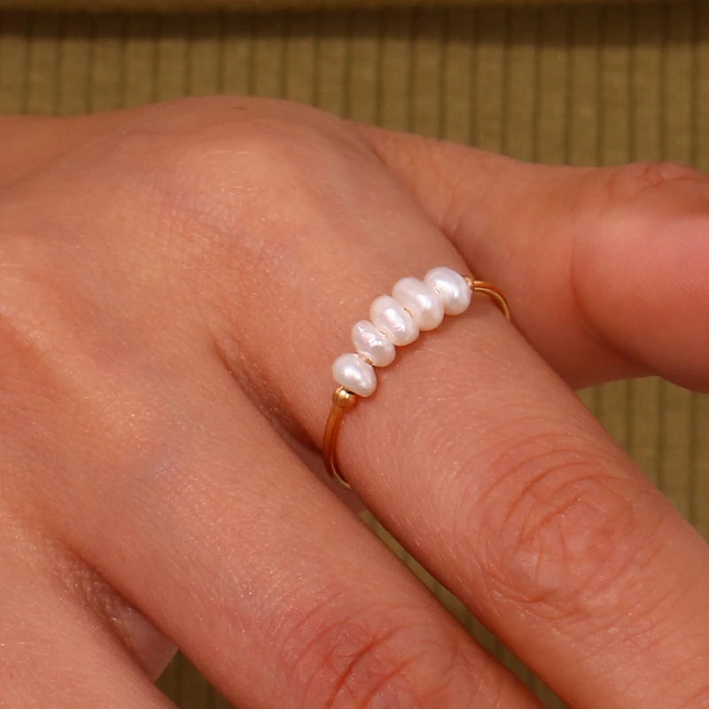 Elegant Freshwater Pearl Stainless Steel Ring for Women - Waterproof Daily Jewelry