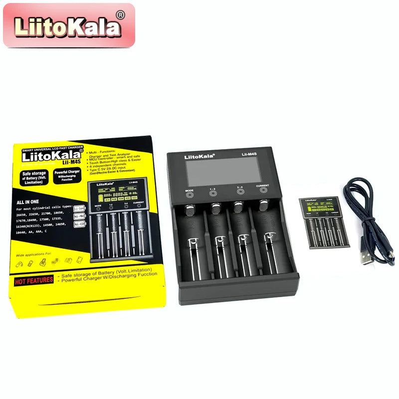 Smart 4-Channel Battery Charger with LCD & USB Power Bank for Li-ion Batteries