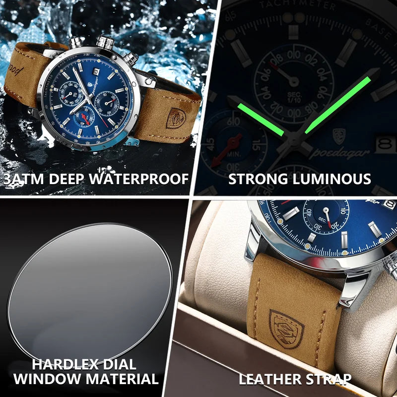 Luxury Men's Waterproof Luminous Chronograph Watch with Leather Strap