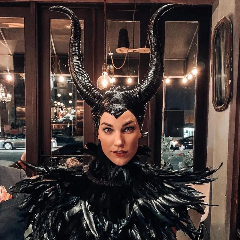 Black Witch Queen Horns Costume Hat Mask for Halloween Cosplay Party Accessories