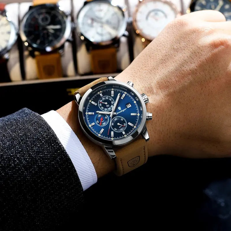 Luxury Men's Waterproof Luminous Chronograph Watch with Leather Strap