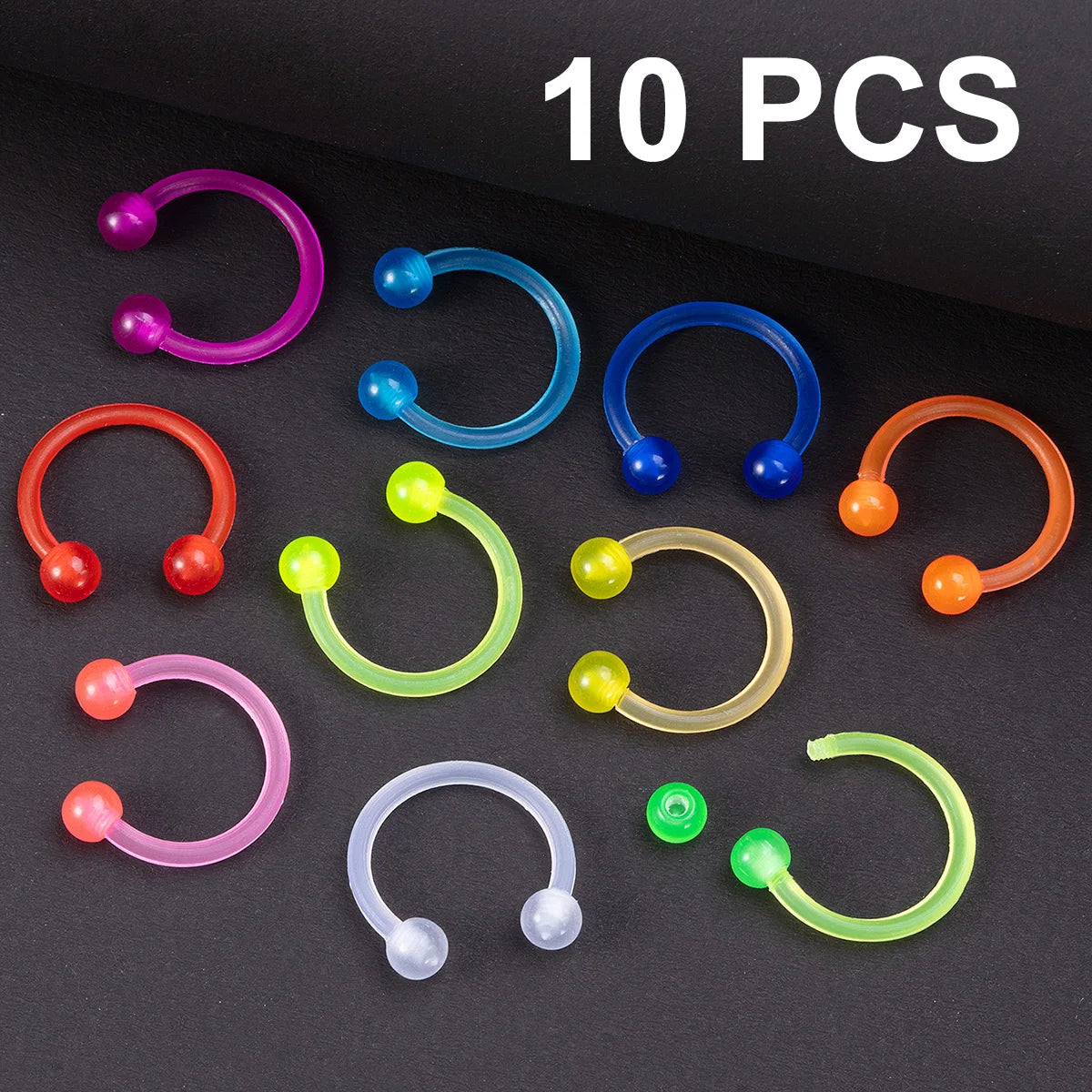 10-Piece Flexible Septum and Body Piercing Ring Set - Acrylic Horseshoe Jewelry