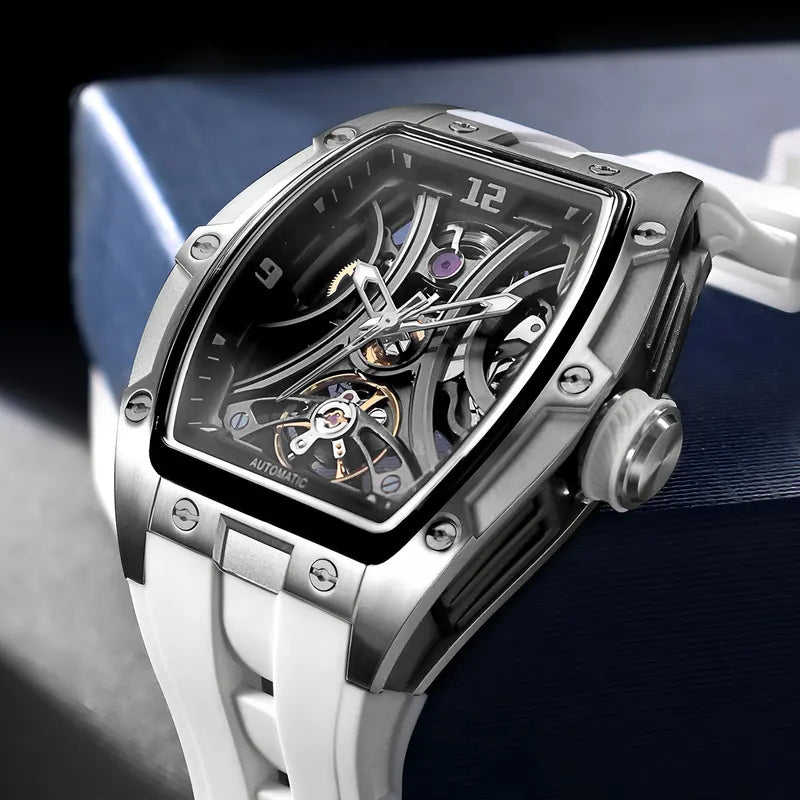 Men's Automatic Mechanical Watch with Hollow Dial and Stainless Steel Case