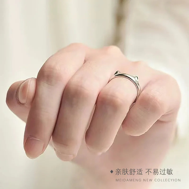 Cute Cat Ear Slim Face Ring in 925 Sterling Silver — Fashion Animal Jewelry