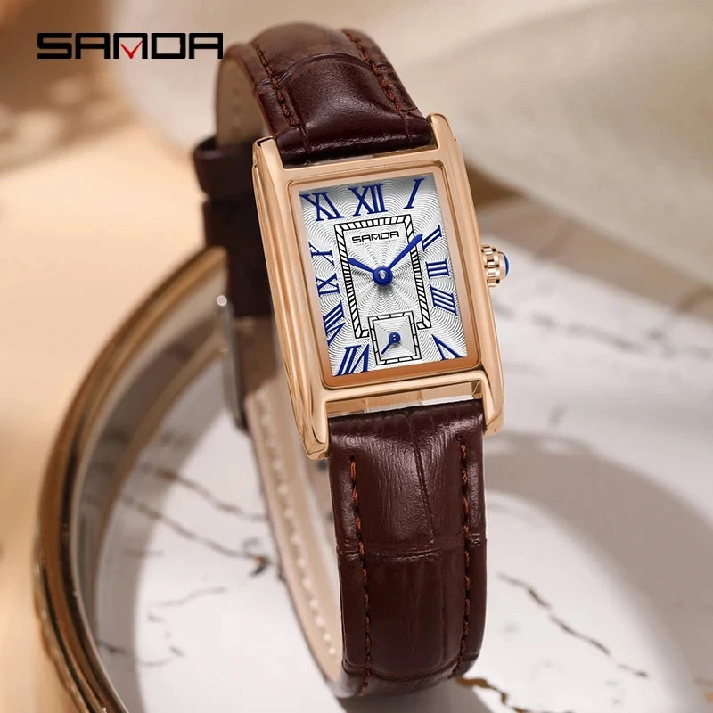 Women’s Elegant Rectangle Dial Quartz Wristwatch Waterproof Steel Leather Band