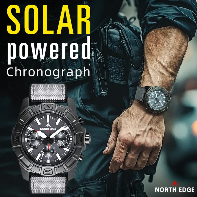 Men's Solar Power Quartz Watch with Stainless Steel Case Waterproof 50M Pilot