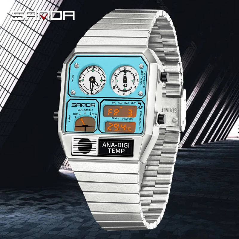 Digital Sport Watch Waterproof LED Thermometer Stopwatch Square Case