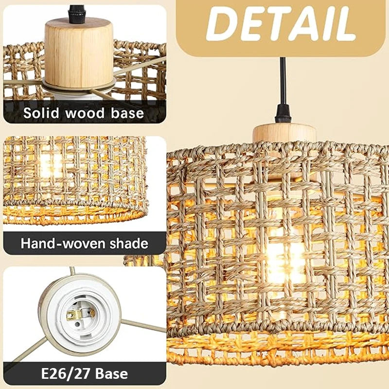 Wicker Rattan Pendant Light Fixture for Kitchen & Living Room Home Decor