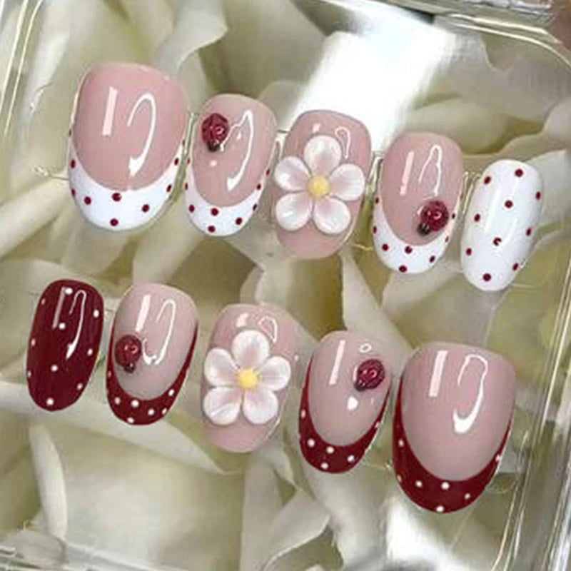 24Pcs Short Oval 3D Gel Flower Ladybug French Tip Press-on Nails Set