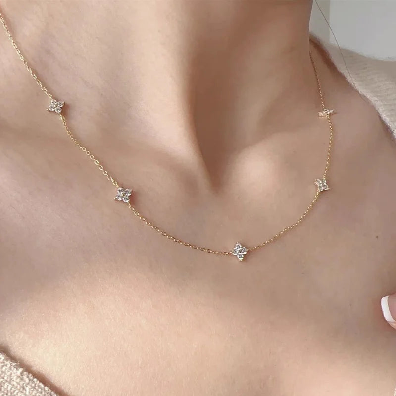 Elegant Four-Leaf Flower Zircon Chain Necklace for Women - Lucky Jewelry