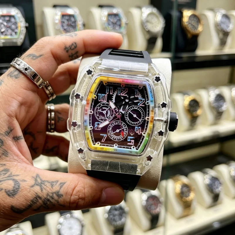 Men's High-End Barrel-Shaped Transparent Quartz Watch with Rainbow Dial Waterproof Wristwatch