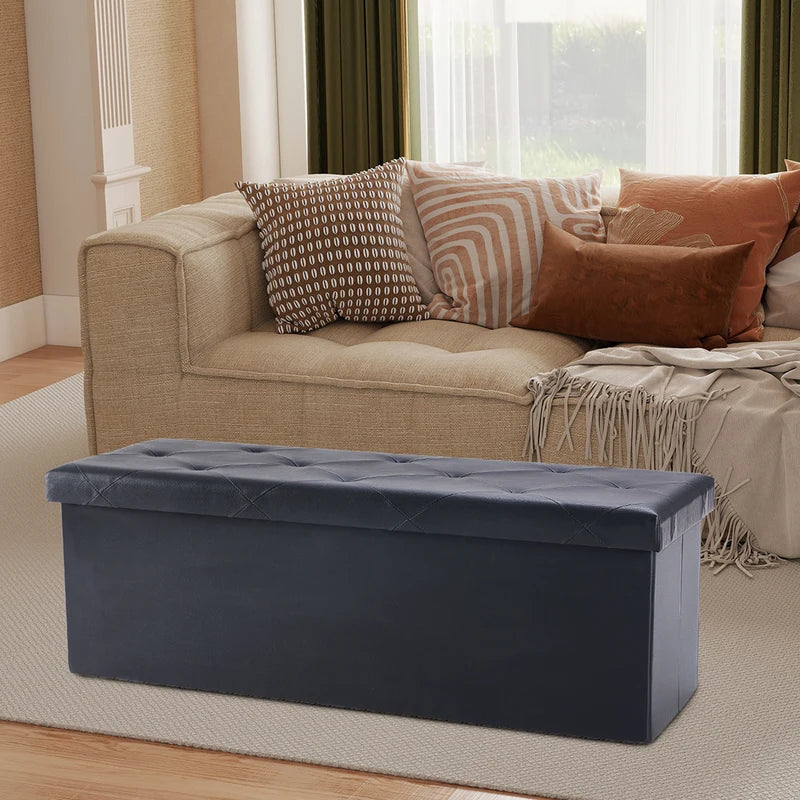 Folding Storage Ottoman Footstool - Leather Upholstered Bench Supports 660 lbs