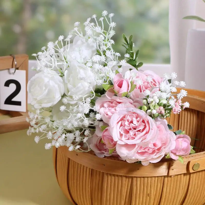 Artificial Rose & Baby Breath Bouquet Wedding Decor Fake Flower Set