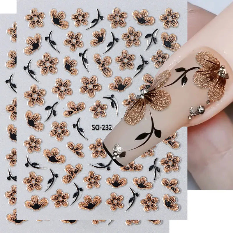 2 Pack Gold Black Glitter Flower Nail Decals - Watercolor Floral Stickers