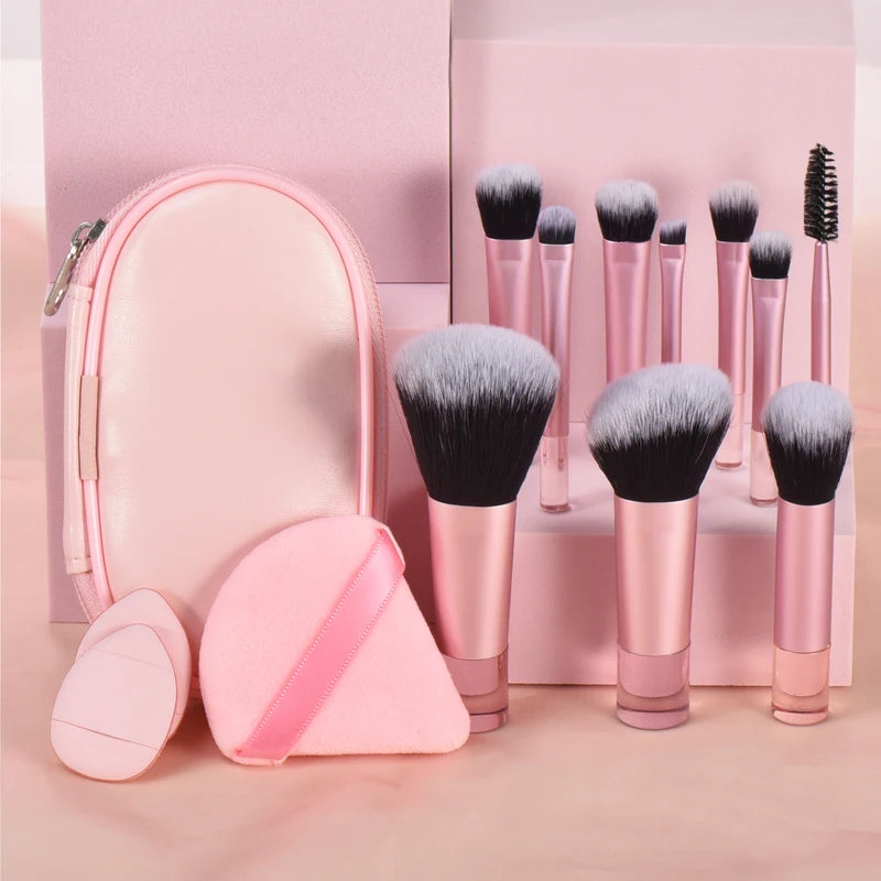 Mini Makeup Brush Set Travel Portable Cosmetic Tool Kit - 10 Pink Handles