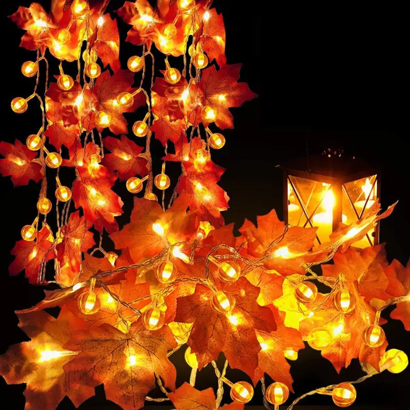 LED Halloween Fairy Light Garland with Pumpkin & Maple Leaf Decorations - Battery Powered Indoor Outdoor Decor