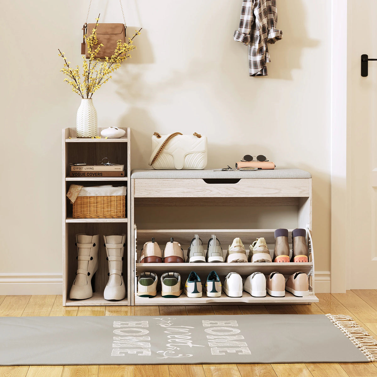 43.2-Inch Storage Bench with Flip Drawers & Adjustable Shelf for Entryway or Bedroom