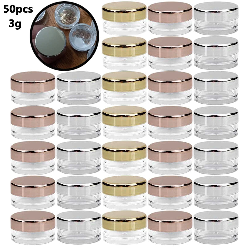 50pcs Small Cosmetic Jars with Rose Gold Lids - Refillable Plastic Containers for Lip Balm Eyeshadow Cream