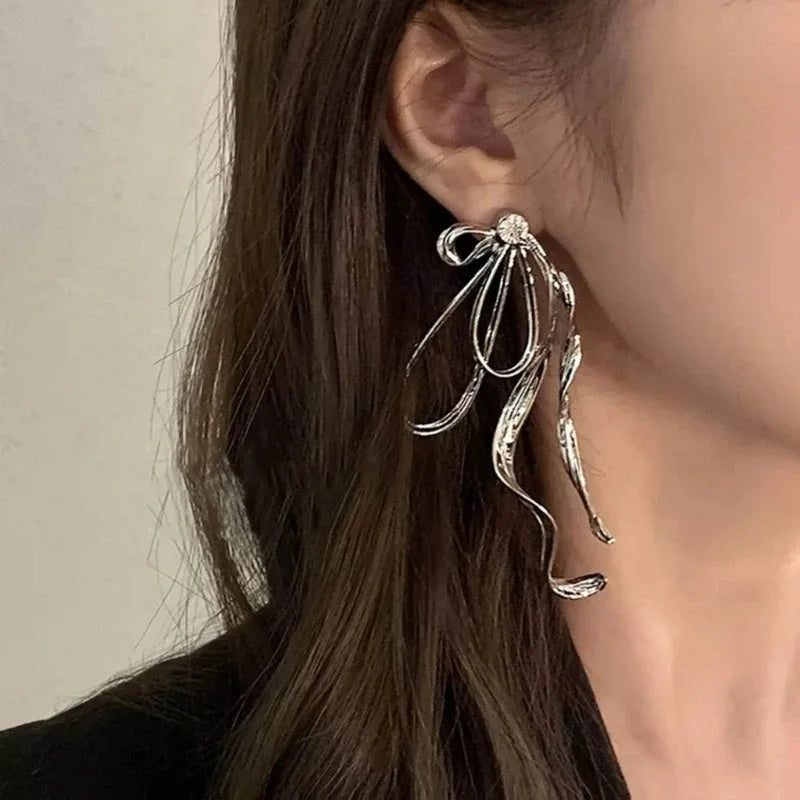 Korean Irregular Bowknot Drop Earrings - Silver Color Metal Line Big Long Jewelry for Women