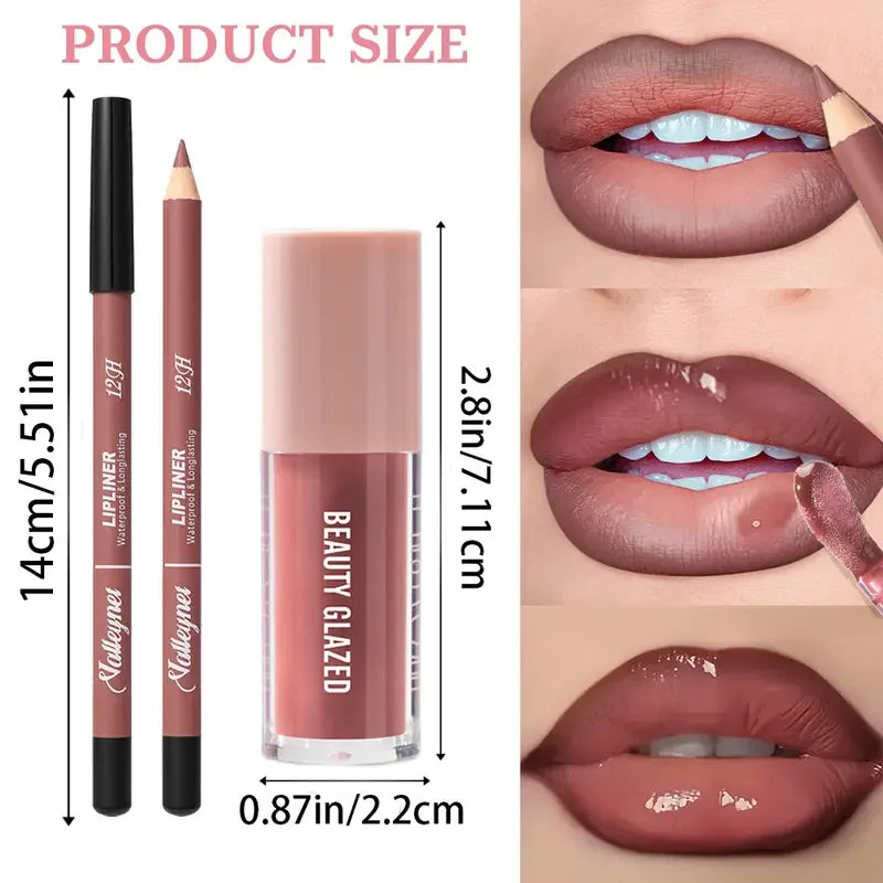 Waterproof Matte Lip Makeup Set with Lip Liner & Glaze - Long-Lasting, Assorted Colors