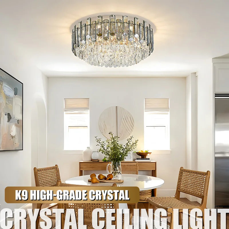 Smoked Gold Crystal Chandelier - Adjustable Round K9 Crystal Modern Lighting for Dining Living Bedroom Entryway