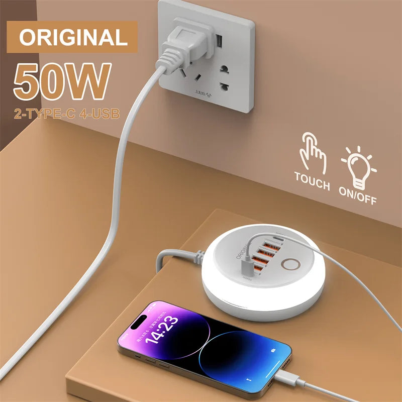 Multi-Device USB & Type-C Fast Charging Power Strip with Nightlight - Travel Charger 50W