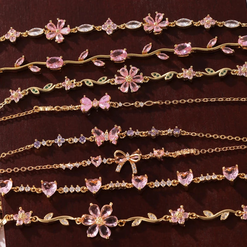 Pink Zirconia Crystal Flower Bow Bracelet for Women Adjustable 18K Gold Plated
