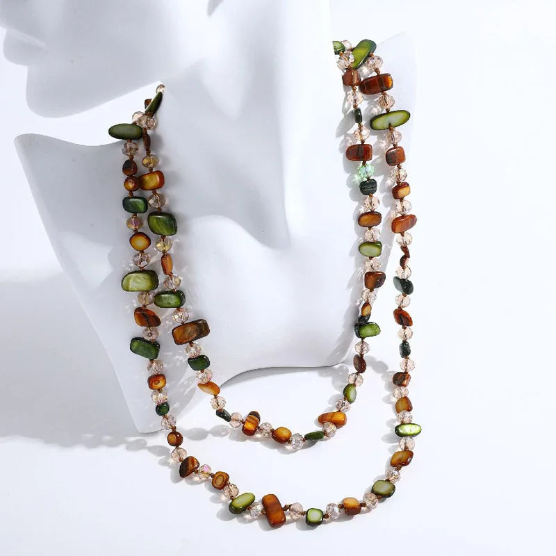 Bohemian Multicolor Natural Stone Shell Crystal Glass Beaded Necklace for Women - Long Strand Sweater Chain