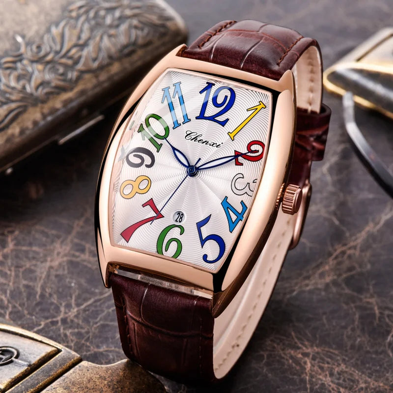Men's Waterproof Quartz Watch with Leather Strap and Calendar - Multiple Colors
