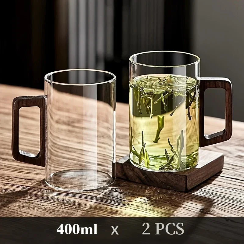 400ml Heat-Resistant Glass Cup with Walnut Handle for Tea and Coffee - Multiple Colors