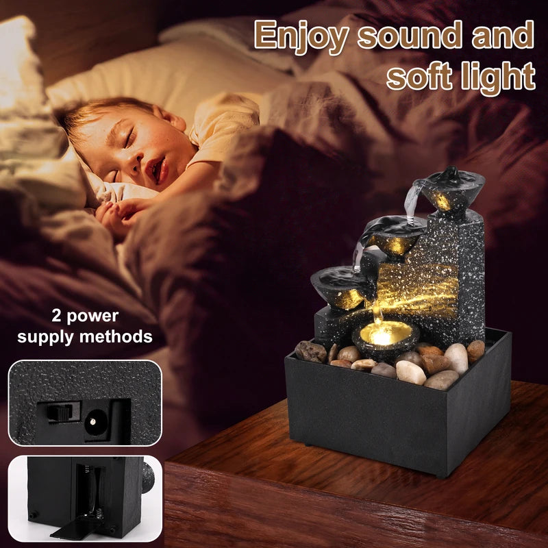 Tabletop Water Fountain with Lights – Relaxation Desk Decor for Home & Office