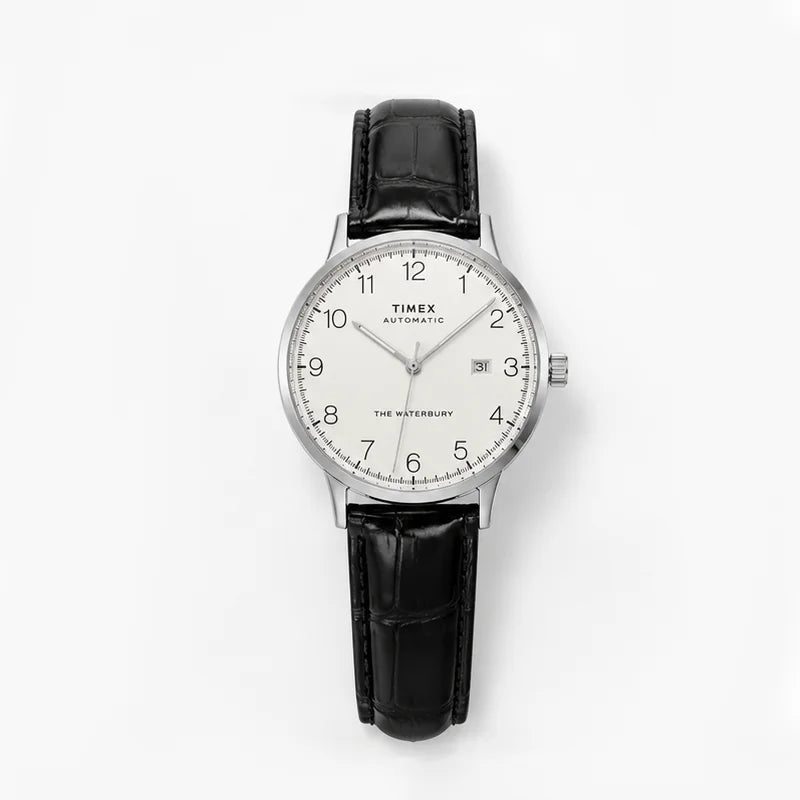 Men's Vintage Timex Automatic Watch White Dial Leather Strap See Through Case