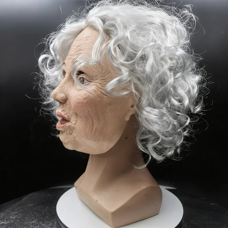 Old Woman Latex Mask with White Curly Hair - Elderly Grandma Halloween Costume