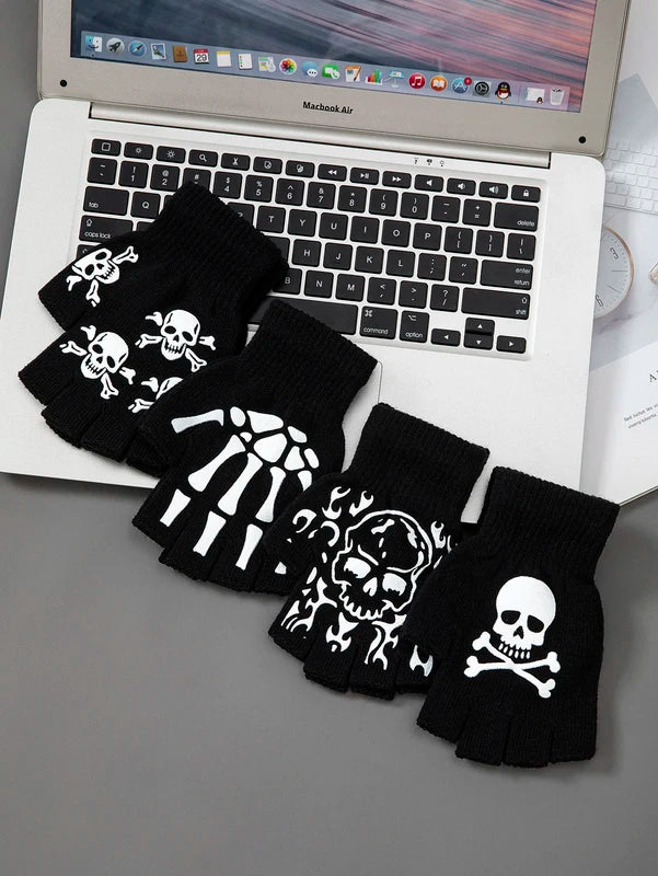 Kids Halloween Skeleton Skull Half Finger Luminous Punk Gloves Black & Green