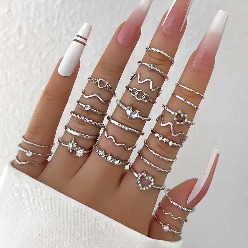 Simple Wave Jewelry Rings Set for Women - Crystal Heart & Multiple Colors