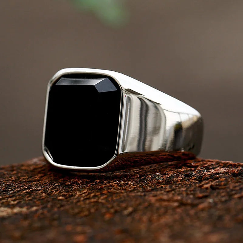 Stainless Steel Zircon Black Agate Ring for Men Women - Wedding Jewelry Gift