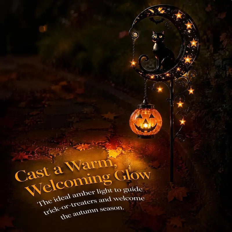 Solar Halloween Black Cat & Pumpkin Moon Garden Stake Light Waterproof Outdoor Decor