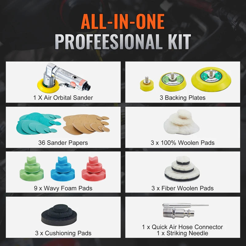Mini Air Orbital Sander Set 1/2/3 Inch Pneumatic Polisher for Car & Surface Finishing