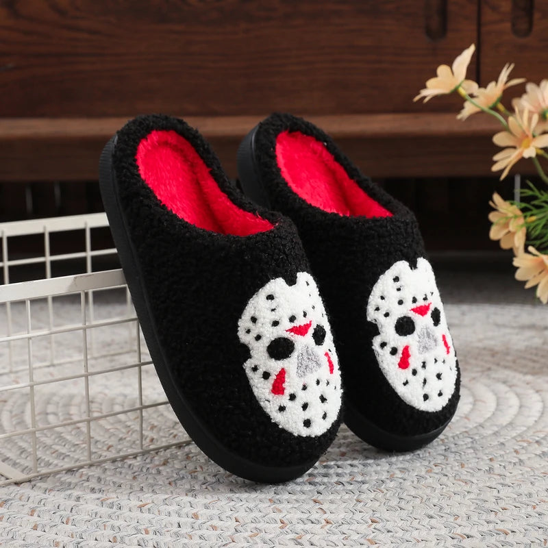 Warm Non-Slip Plush Indoor Slippers for Men and Women - Halloween Skull Pattern, Autumn Winter Gift