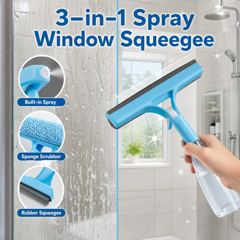 Handheld Glass Cleaner Squeegee with Spray & Sponge - Streak-Free Car Bathroom Kitchen