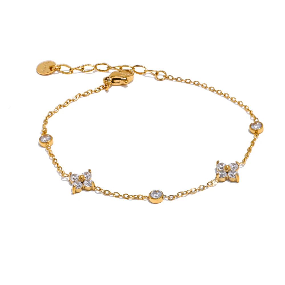 Delicate Cubic Zirconia Flower Chain Bracelet Thin Bangle Stainless Steel Jewelry