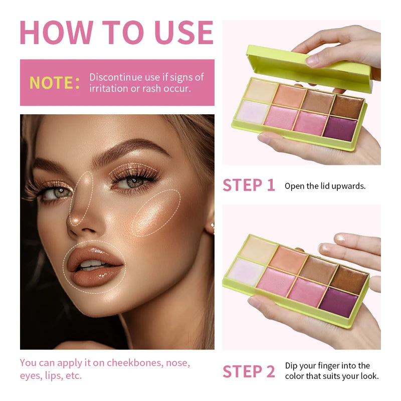 8 Colors Cream Highlighter Palette for Face Makeup, Blush & Contouring